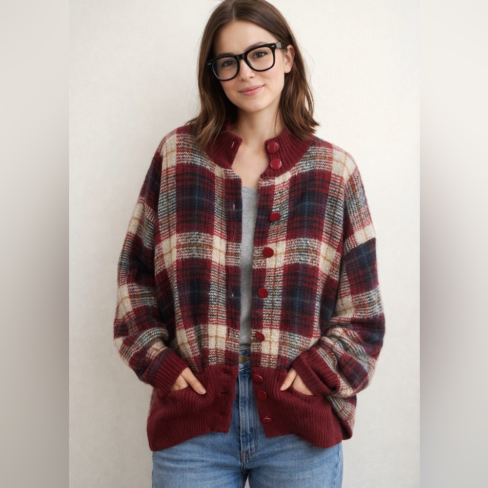 Vintage plaid grandpa style oversized Button-Up Cardigan